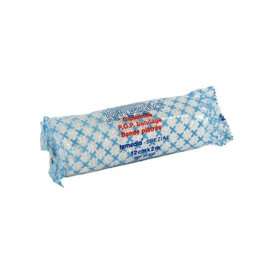 Kiertynyt kiinnitysside on pakattu sinivalkoiseen pakkaukseen, jossa on merkinnät ”Holthaus Temedia-Spezial Gipsbinde – 1 Binde” ja ”Bande plâtrée”, ja sen mitat ovat 12 cm x 2 m. Pakkauksessa on painettu tuotemerkki ”Holthaus Medical GmbH & Co. KG”, ja se soveltuu murtumien immobilisointiin.