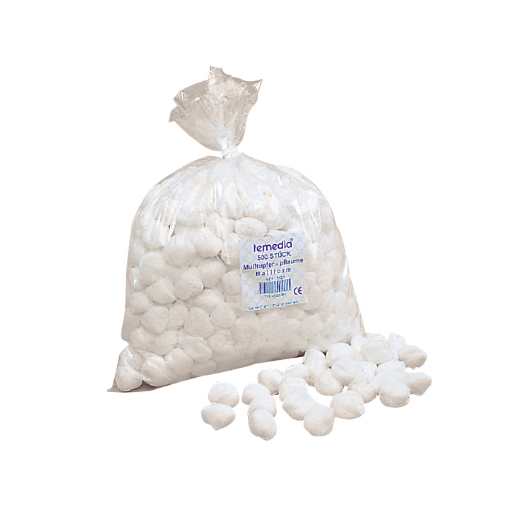 Läpinäkyvässä muovipussissa, jossa on merkintä „Holthaus Medical GmbH & Co. KG“, on useita Temedia-merkkiä olevia steriloimattomia sideharsotamponeja, koko 2, pallonmuotoisia ja saksanpähkinän värisiä (500 kappaletta). Osa vanupalloista kaadetaan pussista, joka suljetaan nippusiteellä ja asetetaan valkoiselle alustalle. Nämä lääketieteelliset tamponit soveltuvat erinomaisesti haavanhoitoon.