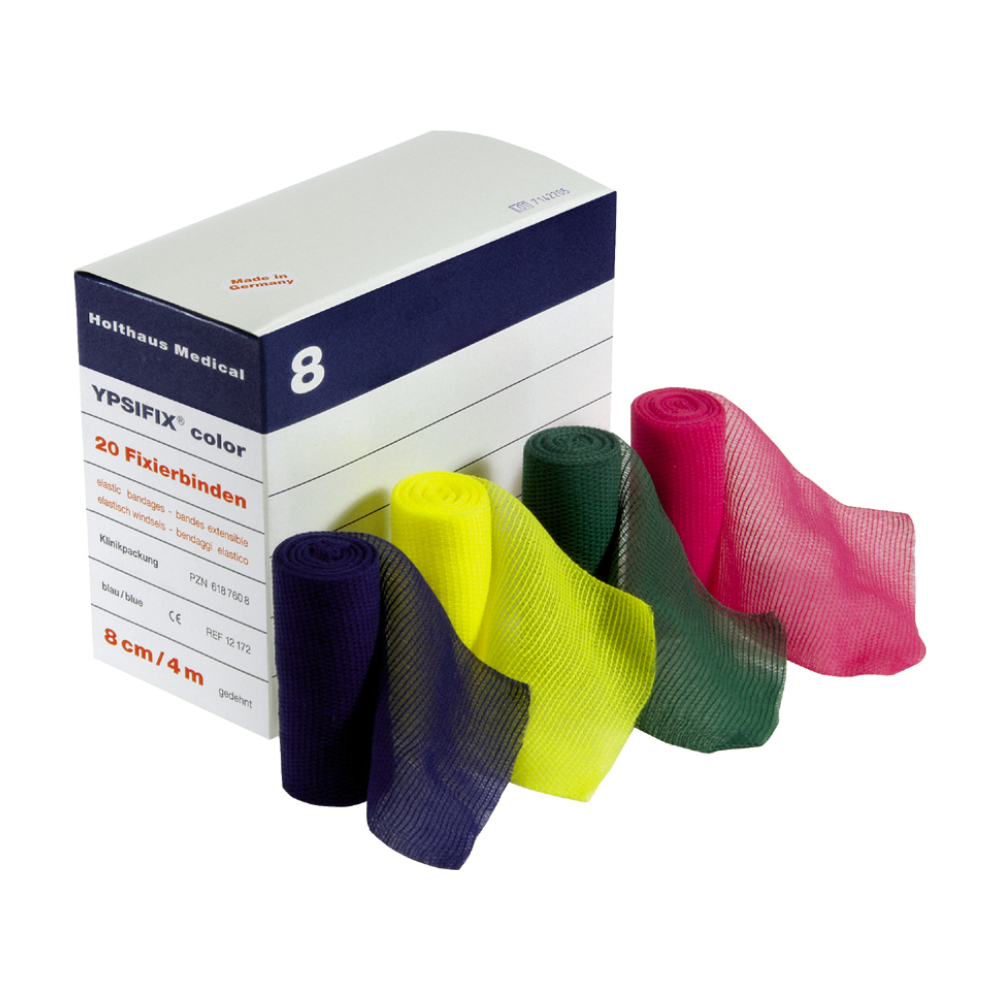 Kuvassa on Holthaus Ypsifix® color -kiinnityssidepakkaus Holthaus Medical GmbH & Co. KG:ltä, jonka etupuolella on viisi eriväristä elastista kiinnityssidettä (violetti, keltainen, vihreä, punainen ja sininen). Pakkaus sisältää 20 sidettä (Holthaus Ypsifix® color -kiinnitysside, sininen), joiden mitat ovat 8 cm x 4 m.
