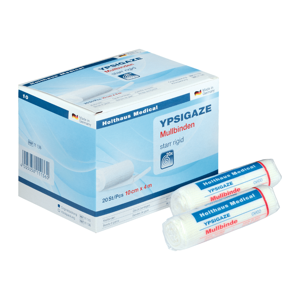 Kahden yksittäisen rullan lisäksi on esillä Holthaus Medical GmbH & Co. KG:n Holthaus Ypsigaze sideharso. Kovaside on kooltaan 10 cm x 4 m ja sisältää 20 kappaletta.