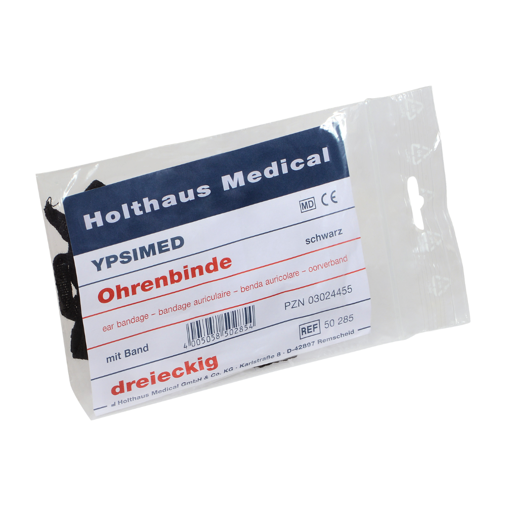 Holthaus Ypsimed -korvaside Holthaus Medical GmbH & Co. KG:ltä on pakattu korvaside, jossa on merkintä „Holthaus YPSIMED Ohrenbinde“. Pakkaus sisältää mustan kolmion muotoisen korvasiteen, jossa on nauha korvan kiinnitykseen, PZN-numero 03024455 ja viitenumero 50 285.