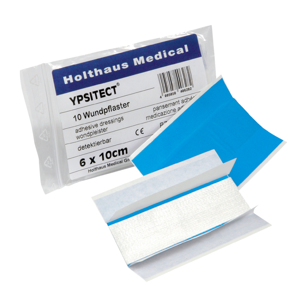 Yksi paketti, jossa on merkintä „Holthaus Ypsitect® Wundpflaster, wasserabweisend 6 x 10 cm – 10 Pflaster | Packung (1 Stück)“ Holthaus Medical GmbH & Co. KG:ltä sisältää vettä hylkiviä laastareita. Yksi laastareista on osittain poistettu suojakotelostaan, jolloin sen sininen takaosa ja tahmea pinta ovat näkyvissä. Paketti ilmoittaa koon olevan 6 x 10 cm ja sisältää 10 kappaletta.