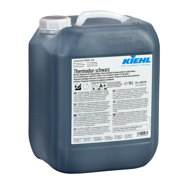 10 litran kanisteri Thermodur-mustaa Johannes Kiehl KG:n yleisdispersiota asfalttilattioille, tummassa muovisäiliössä, jossa on valkoinen kansi ja etiketti, jossa on käyttö- ja turvallisuusohjeet.