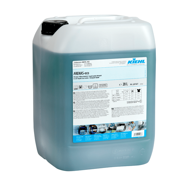 20 litran puoliläpinäkyvä muovisäiliö, jossa on musta kansi, sisältää sinivihreää Kiehl ARENAS-eco Nestemäistä täysipyykinpesuainetta Johannes Kiehl KG:lta. Etiketissä on tuotetietoja, käyttöohjeita ja Kiehl-logo.