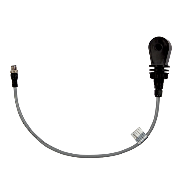 Kuvassa on musta-harmaa Johannes Kiehl KG johtavuusanturi induktiivinen, jossa on 50 cm kaapeli ja liitin astianpesukoneen vesisäiliöön asennettavaksi valkoisella taustalla.