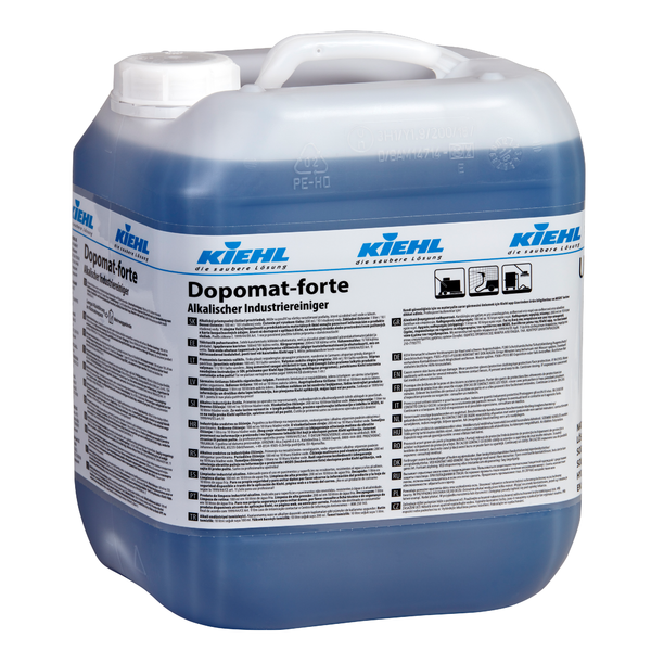 Suuri Kiehl Dopomat-forte -muovisäiliö, Johannes Kiehl KG:n emäksinen teollisuuspuhdistusaine, jossa on valkoinen korkki ja kahva, monikieliset tuotetiedot ja ohjeet etiketissä.