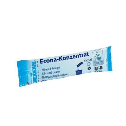 Sinivalkoinen 25 ml:n pakkaus "Kiehl Econa-Konzentrat Allround-Reiniger" Johannes Kiehl KG:lta, jossa on monikielinen teksti, puhdistusmerkinnät ja EU-ympäristömerkki.