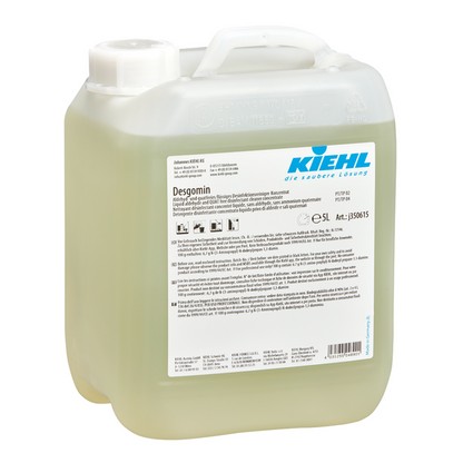 10 litran muovikanisteri Kiehl Desgomin aldehydi- ja kvattivapaa nestemäinen desinfiointiainekonsentraatti Johannes Kiehl KG:lta, valkoinen kierrekorkki, kahva, sininen logo ja etupuolella tuotetietotarra.