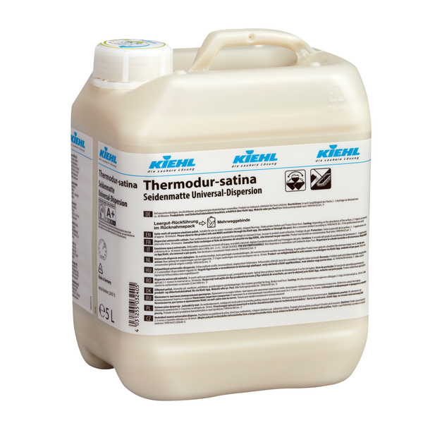 5-Liter-Kunststoffbehälter der Thermodur-satina Seidenmatte Universal-Dispersion der Johannes Kiehl KG, mit Schraubverschluss und mehrsprachiger Produkt- und Sicherheitsinformation auf dem Frontetikett; Lieferung im Karton mit 2 Flaschen.