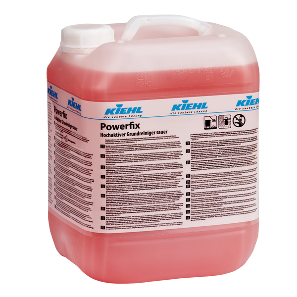 Suuri läpinäkyvä muovisäiliö, jossa on kahva, täytetty punaisella nesteellä. Etiketti: "Kiehl Powerfix Erittäin aktiivinen happopohjainen puhdistusaine" Johannes Kiehl KG:lta; ammattilaistasoiseen puhdistukseen ja kalkinpoistoon, sisältää turvallisuussymbolit ja käyttöohjeet.