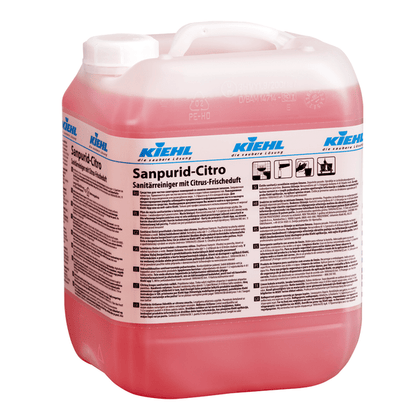 Suuri läpinäkyvä muovisäiliö, jossa on valkoinen kansi, sisältää punaista nestettä. Etiketissä lukee "Kiehl Sanpurid-Citro Sanitaaripuhdistusaine sitruunan raikkaalla tuoksulla" Johannes Kiehl KG:ltä ja se sisältää tietoja ja ohjeita saksaksi.