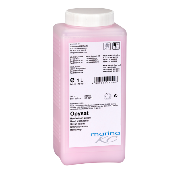 Aufrecht steht eine rechteckige rosa Kunststoffflasche mit der Aufschrift "Kiehl Opysat Handwasch-Lotion" der Johannes Kiehl KG. Die 1 Liter große, pH-neutrale Handseife ist ideal für die schonende Reinigung der Hände, mit Anwendungshinweisen und Details auf dem Etikett.