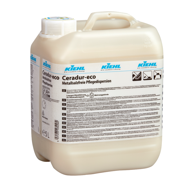 5 litran Kiehl Ceradur-eco metallisuolaton hoitodispersiopullo Johannes Kiehl KG:lta, jossa on valkoinen korkki ja yksityiskohtainen saksankielinen etiketti, saatavana laatikossa, jossa on 2 pulloa.