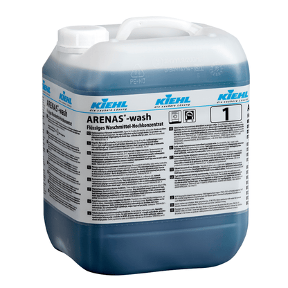 Johannes Kiehl KG:n Kiehl ARENAS-wash nestemäinen pesuaine 10 litran muovisäiliössä, jossa on sinistä nestettä ja monikielinen etiketti. Tämä fosfaatiton koostumus takaa tehokkaan tahranpoiston.