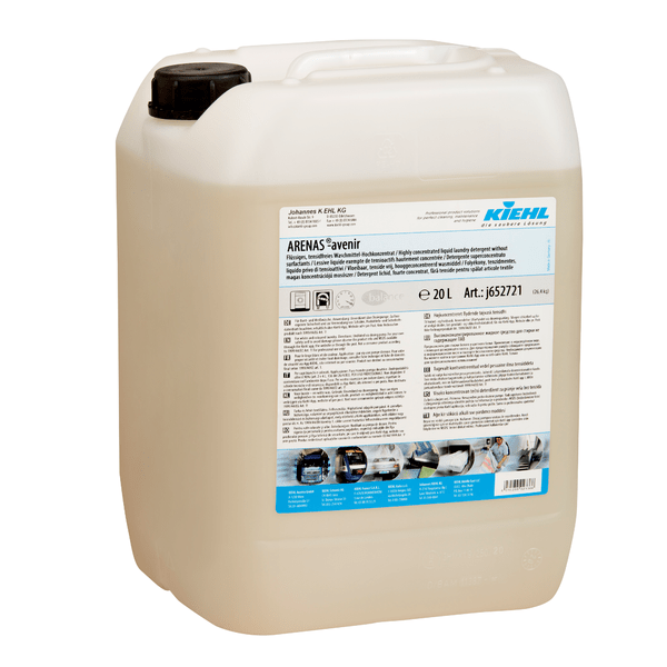 20 litran muovisäiliö Kiehl ARENAS-avenir nestemäistä tensiditöntä pesuainetta Johannes Kiehl KG:ltä, ympäristöystävällinen, mustalla kannella ja valkoisella etiketillä, jossa on monikieliset tuotetiedot ja ohjeet.