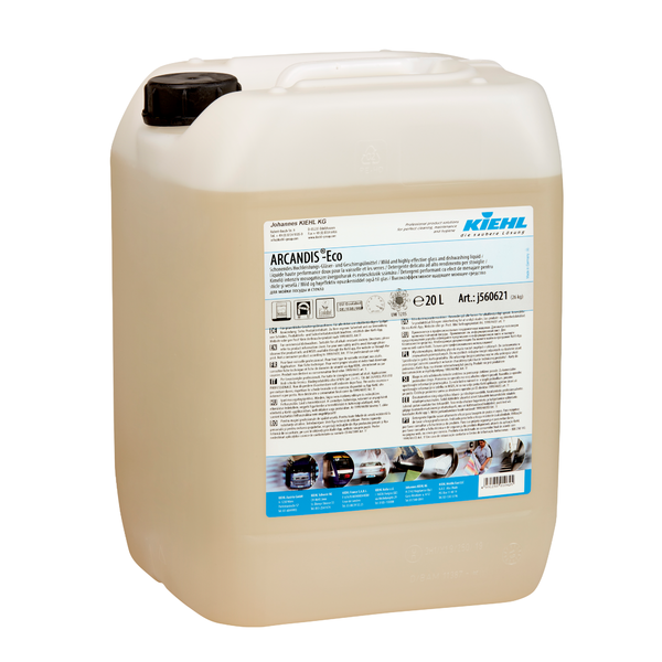 Suuri läpinäkyvä muovisäiliö mustalla kannella, täytetty nesteellä. Etiketissä lukee "Kiehl ARCANDIS-Eco Hellävarainen Tehokas Lasi- ja Astianpesuaine" Johannes Kiehl KG:ltä. Tilavuus: 20 litraa.