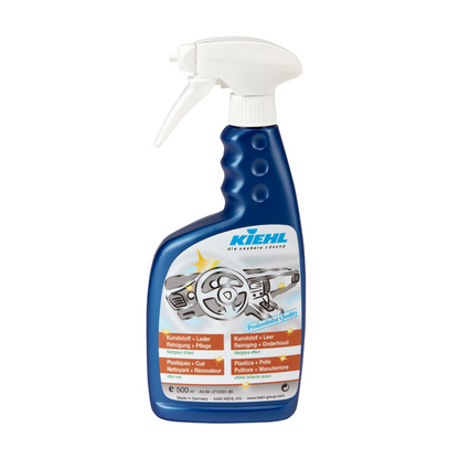 Johannes Kiehl KG:n 500 ml:n sininen suihkepullo Kunststoff+Leder / Reiniger+Pflege valkoisella painikkeella, merkitty muovi- ja nahkapintojen puhdistukseen ja hoitoon, ihanteellinen pintojen puhdistukseen ja nahan hoitoon.