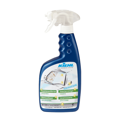 Johannes Kiehl KG:n sininen Kiehl hyönteistenpoistaja, jossa on valkoinen laukaisin ja monikielinen etiketti, jossa on auton ikkuna, tarjoaa tehokkaan hyönteissuojan ajoneuvollesi.