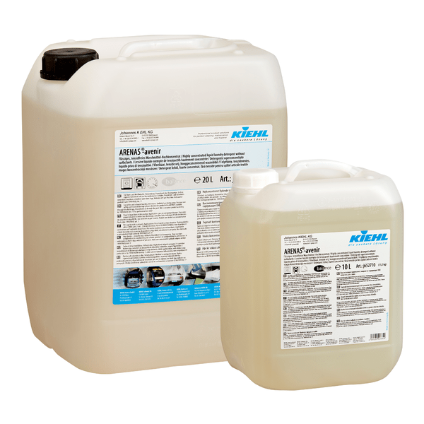 Kaksi läpinäkyvää muovisäiliötä, joissa on mustat kannet, sisältävät Johannes Kiehl KG:n Kiehl ARENAS-avenir nestemäistä tensiditöntä pesuainetta. Toinen sisältää 20 litraa, toinen 10 litraa; molemmissa on yksityiskohtaiset tuote-etiketit.