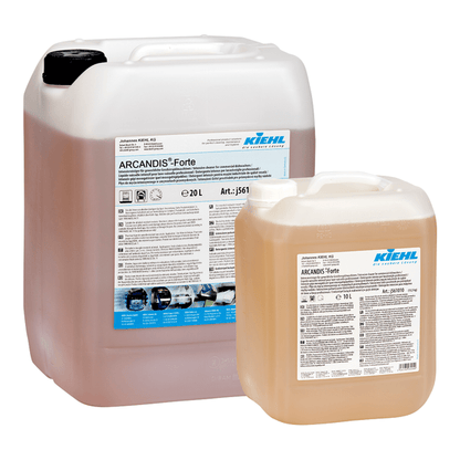 Kaksi läpinäkyvää muovisäiliötä (20L & 10L) valmistaja Johannes Kiehl KG Kiehl ARCANDIS-Forte tehopesuaine kaupallisiin astianpesukoneisiin, joissa on valkoiset tuotetiedot etiketit.