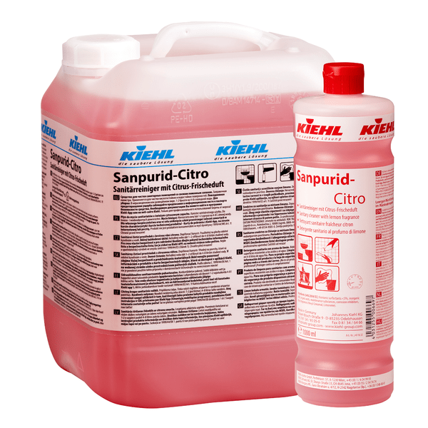 10 litran kanisteri ja 1 litran pullo Johannes Kiehl KG:n Kiehl Sanpurid-Citro Sanitaaripuhdistusainetta sitruunan raikkaalla tuoksulla, molemmat täytetty vaaleanpunaisella nesteellä ja saksaksi merkityt, takaavat tehokkaan hygienian.