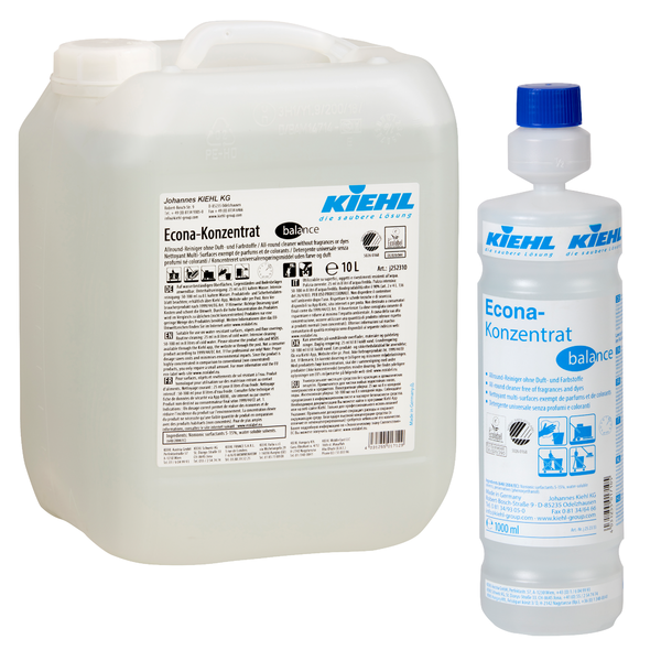 Kuvassa on kaksi pakkausta Kiehl Econa-koncentraatti balance yleispuhdistusainetta ilman hajusteita ja väriaineita Johannes Kiehl KG:lta: vasemmalla 10 litran kanisteri ja oikealla 1 litran pullo, molemmissa tuotetiedot.