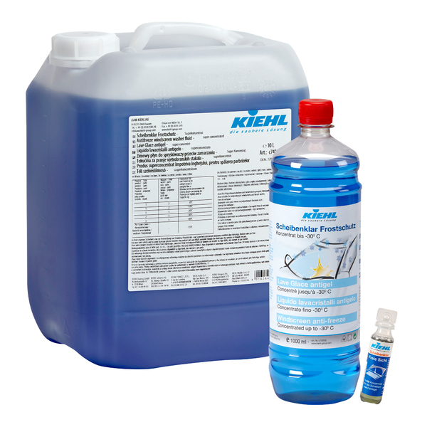 30 ml:n pullo "Kiehl Scheibenklar 1:100 Sommer Konzentrat" Johannes Kiehl KG:lta sopii erinomaisesti auton ikkunoiden puhdistukseen ja toimitetaan laatikossa, jossa on 200 pulloa.