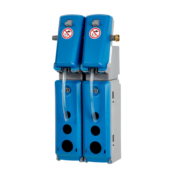 Die Johannes Kiehl KG DosiStation 2P-4 L on siniharmaa seinäannostelija, jossa on kaksi moduulia ja läpinäkyvät letkut kahden tuotteen annosteluun pulloihin - ihanteellinen moninkertaiseen annosteluun tai tarkkaan pullon täyttöön.