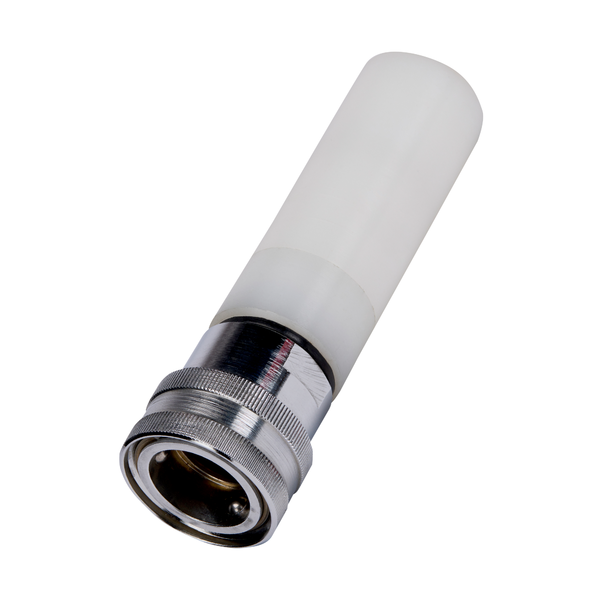 Lähikuva Johannes Kiehl KG:n metallista ja valkoisesta muovisesta adapterista Kiehlin vaahtosuuttimelle LW FOC -suihkusuuttimelle (1 kpl), eristettynä valkoisella taustalla.