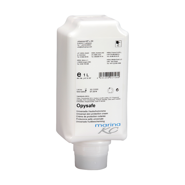 Eine weiße 1-Liter-Kunststoffflasche Kiehl Opysafe Universelle Hautschutzlotion der Johannes Kiehl KG, mit detailliertem Branding auf dem Etikett und einer Bodentülle zur einfachen Entnahme.