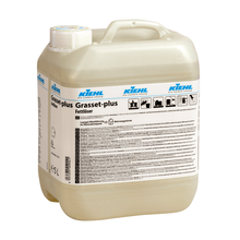 10 litran muovisäiliö Johannes Kiehl KG:n Kiehl Grasset-plus rasvanpoistoaineesta, tehokas rasvanpoistoaine ja puhdistusaine kaikille pinnoille, valkoisella kierrekorkilla ja etiketillä, jossa on tuotetiedot, ohjeet ja turvallisuussymbolit.