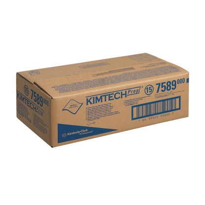 Suljettu ruskea laatikko, jossa lukee "Kimtech® mikrokuitupyyhkeet - Sininen" Kimberly-Clark GmbH:lta, sisältää 1 laatikon, jossa on 25 arkkia, ihanteelliset puhdistusliinat teolliseen pintapuhdistukseen. Sininen teksti ja viivakoodit näkyvät pakkauksessa.