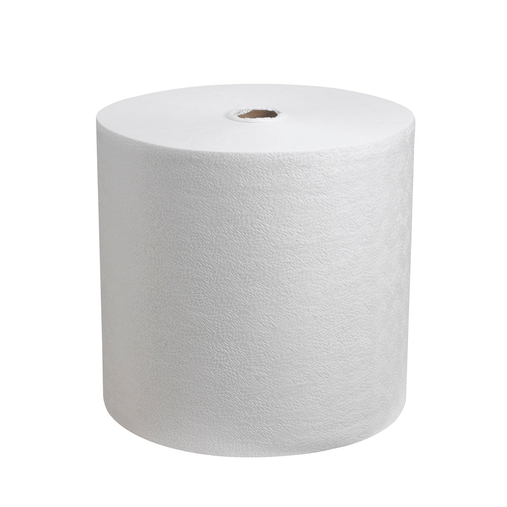 Kimtech® Pure -pyyherulla (600 liinaa, valkoinen) Kimberly-Clark GmbH:lta seisoo pystyasennossa valkoista taustaa vasten; nukkaamattomat, rakenteelliset liinat on siististi kääritty pahviytimen ympärille näkyvällä aukolla.