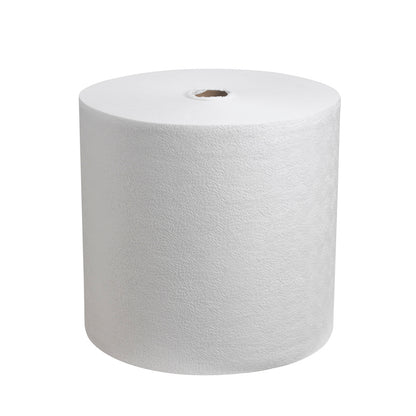 Kimtech® Pure -pyyherulla (600 liinaa, valkoinen) Kimberly-Clark GmbH:lta seisoo pystyasennossa valkoista taustaa vasten; nukkaamattomat, rakenteelliset liinat on siististi kääritty pahviytimen ympärille näkyvällä aukolla.