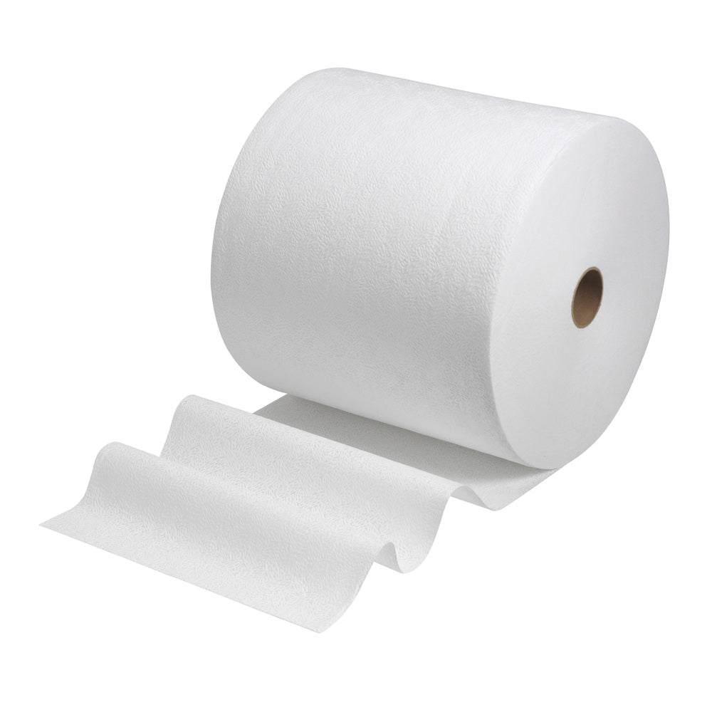 Kimberly-Clark GmbH:n valkoisen Kimtech® Pure -pyyherullan (1 rulla x 600 arkkia) kuvaus, jossa muutamia arkkeja on rullattu auki yksinkertaisen valkoisen taustan edessä.