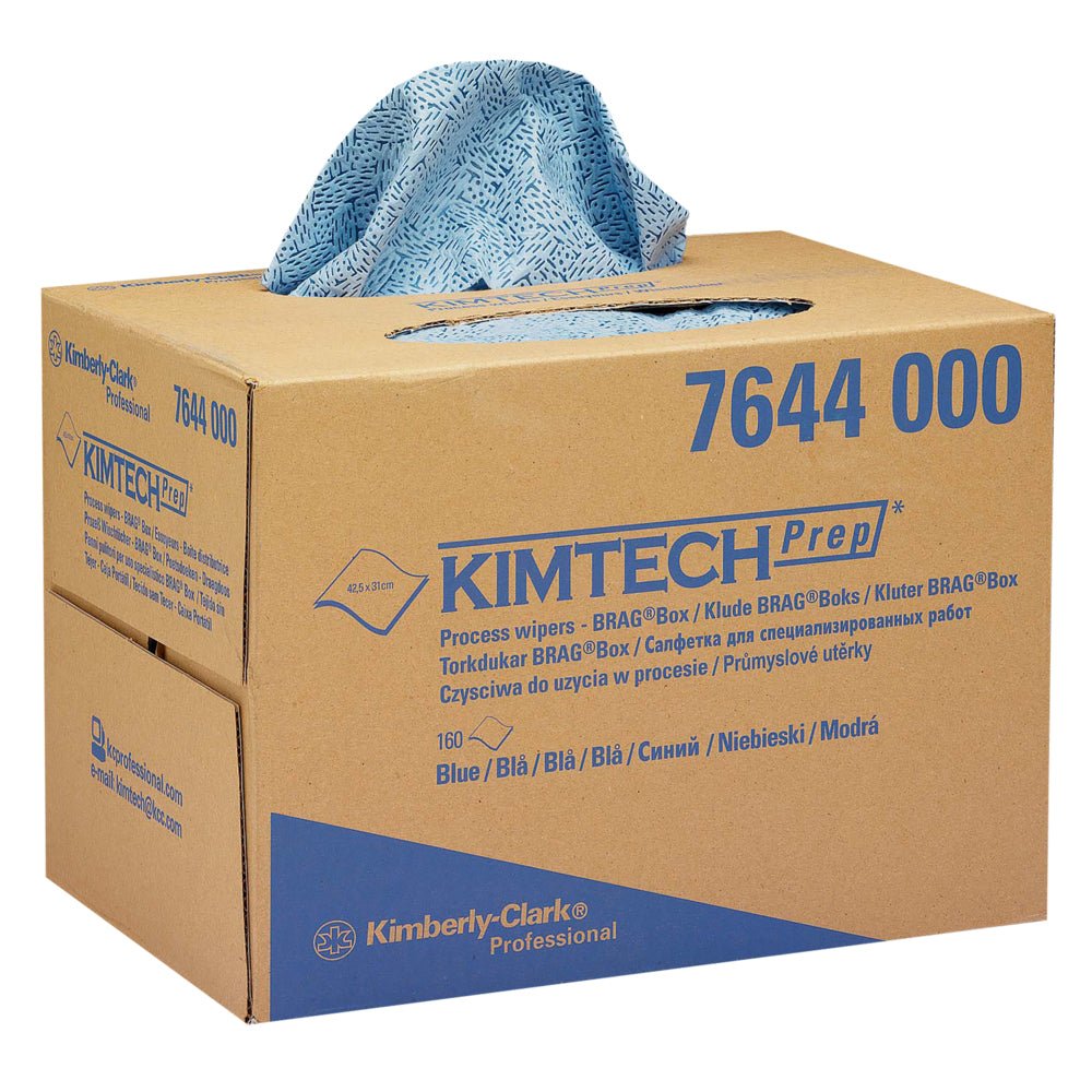 Sinikuvioitu Kimtech®-prosessipyyhe annetaan ruskeasta Kimberly-Clark GmbH BRAG™ -laatikosta (1 laatikko x 160 pyyhettä). Laatikko on merkitty tuoteinformaatiolla ja se sopii erinomaisesti teolliseen puhdistukseen.