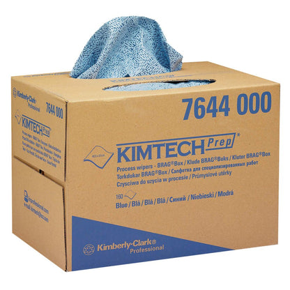 Sinikuvioitu Kimtech®-prosessipyyhe annetaan ruskeasta Kimberly-Clark GmbH BRAG™ -laatikosta (1 laatikko x 160 pyyhettä). Laatikko on merkitty tuoteinformaatiolla ja se sopii erinomaisesti teolliseen puhdistukseen.