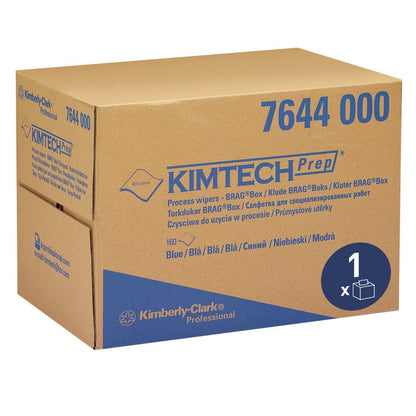 Ruskea Kimberly-Clark GmbH -laatikko, jossa lukee "Kimtech®-prosessipyyhkeet - BRAG™ Box / Sininen", sisältää 160 sinistä pyyhettä teolliseen puhdistukseen, ja laatikossa on tuoteinformaatiota eri kielillä.