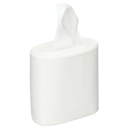 Eine Rolle Kimberly-Clark GmbH WypAll® Wettask™ Wischtücher - Rolle / Weiß (6 Nachfüllungen x 140 Blatt) steht aufrecht mit einem teilweise herausgezogenen Blatt, ideal zum Entfernen von Schmutz und Öl, vor einem schlichten weißen Hintergrund.