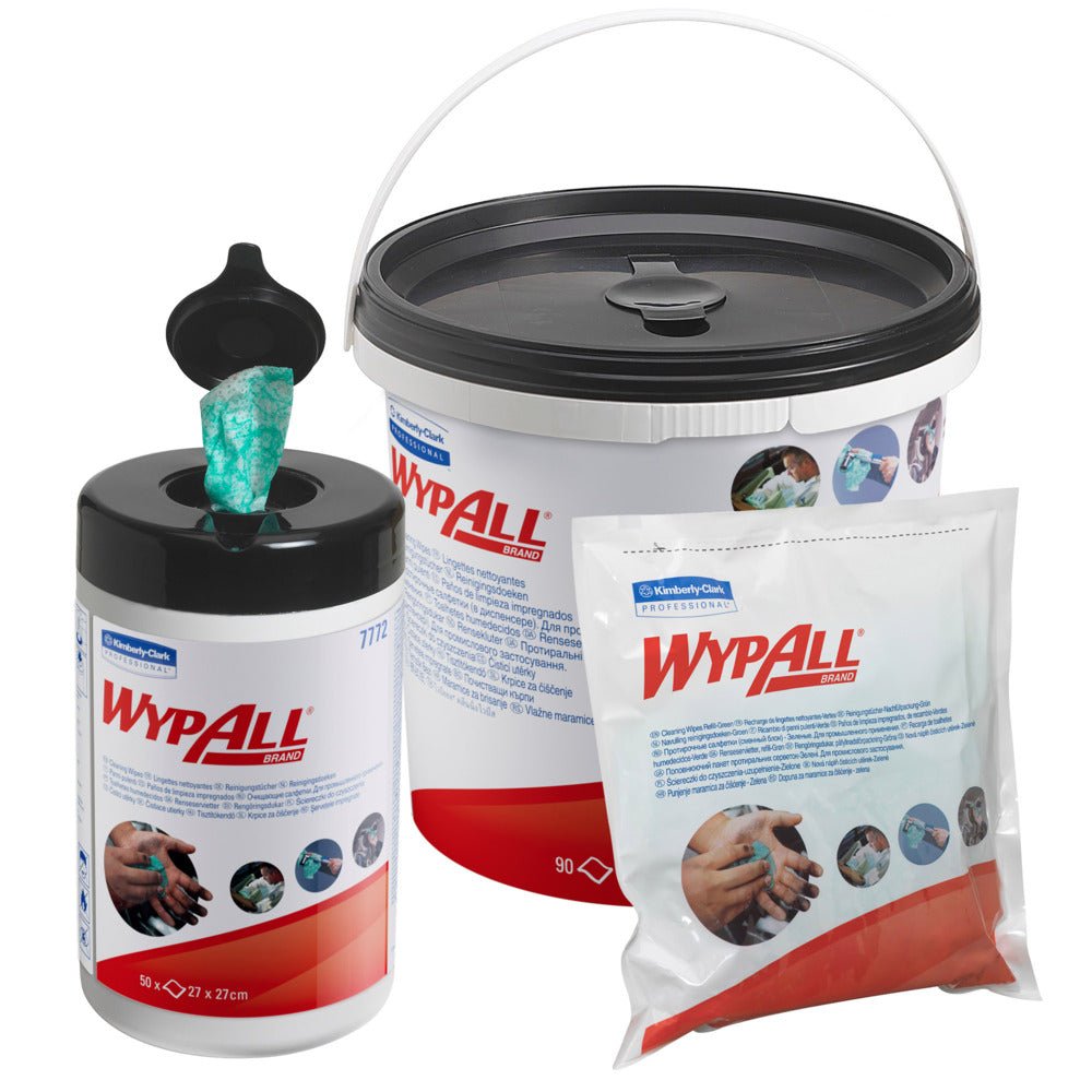 WypAll® pyyhkeitä - Vihreä Kimberly-Clark GmbH:lta on saatavilla kolmessa astiassa: pop-up-kanisterissa, suuressa kahvallisessa sankossa ja täyttöpussissa - jokaisessa on logo ja kuvia käsistä, jotka puhdistuvat näillä pehmeillä kuitukangaspapereilla.