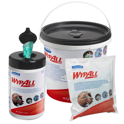 WypAll® pyyhkeitä - Vihreä Kimberly-Clark GmbH:lta on saatavilla kolmessa astiassa: pop-up-kanisterissa, suuressa kahvallisessa sankossa ja täyttöpussissa - jokaisessa on logo ja kuvia käsistä, jotka puhdistuvat näillä pehmeillä kuitukangaspapereilla.