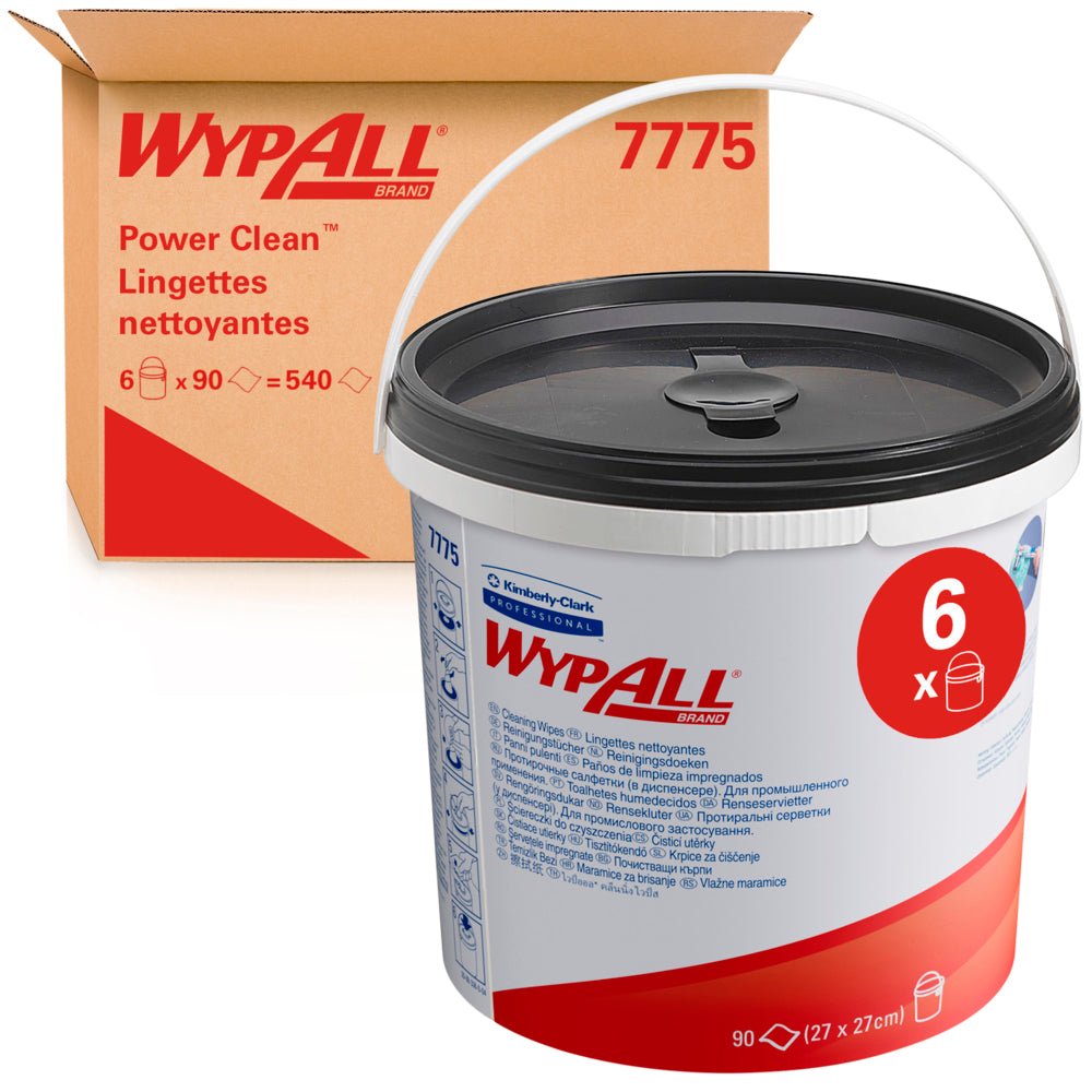 Vihreä kontti, jossa on WypAll® pyyhkeitä (Kimberly-Clark GmbH), 90 arkkia, on kuvattuna yhdessä laatikon kanssa, jossa on teksti "6 jakelusankoa", jokaisessa 90 liinaa (yhteensä: 6 sankoa x 90 arkkia) ruskean WypAll 7775-laatikon edessä.