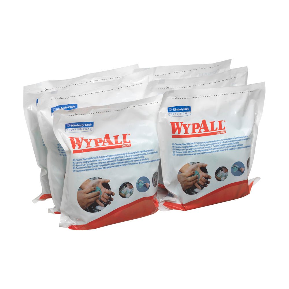Kuusi pakkausta WypAll®-pyyhkeitä - Vihreä Kimberly-Clark GmbH:lta, joissa kussakin on 75 arkkia, on varustettu huomiota herättävällä brändäyksellä ja vihreillä yksityiskohdilla, ja ne on suunniteltu teollisiin puhdistustehtäviin.