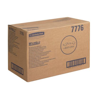 Ruskeassa pahvilaatikossa, jossa lukee "WypAll®-pyyhkeet - Vihreä - 6 Bags x 75 Sheets" Kimberly-Clark GmbH:lta, on suljetulla pinnalla tuotetiedot ja viivakoodi. Laatikko vihreillä teollisuuspyyhkeillä on kuvattu valkoisella taustalla.
