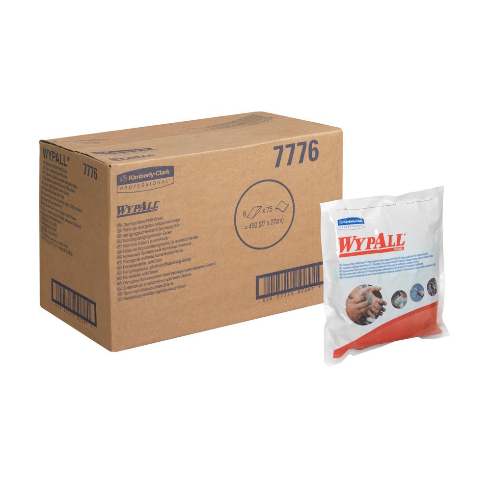 Ruskea laatikko, jossa lukee "WypAll 7776", seisoo suljetun WypAll®-pyyhepaketin - Vihreä (6 x 75 pyyhettä) Kimberly-Clark GmbH:lta vieressä - merkitty tuotemerkillä ja käyttötarkoituksella, ihanteellinen teolliseen puhdistukseen.