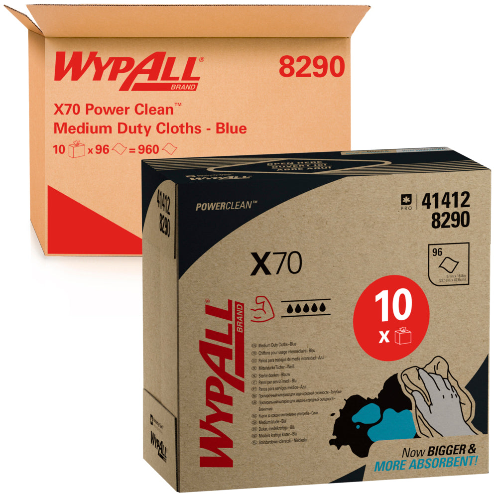 Zwei WypAll® X70 PowerClean Zupfboxen (Kimberly-Clark GmbH), eine offene und eine geschlossene, zeigen auf ihrer blauen Verpackung deutlich den Produktnamen, die Menge von 10 x 100 Blatt und das Branding.