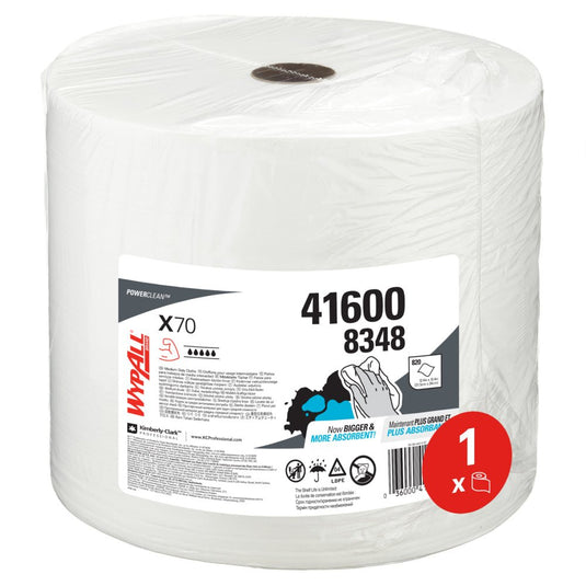 Kimberly-Clark GmbH:n valkoinen WypAll® X70 PowerClean -suurrulla (1 rulla x 870 arkkia, tuotenro 41600 8348) on pakattu läpinäkyvään muoviin ja sopii erinomaisesti teolliseen siivoukseen.
