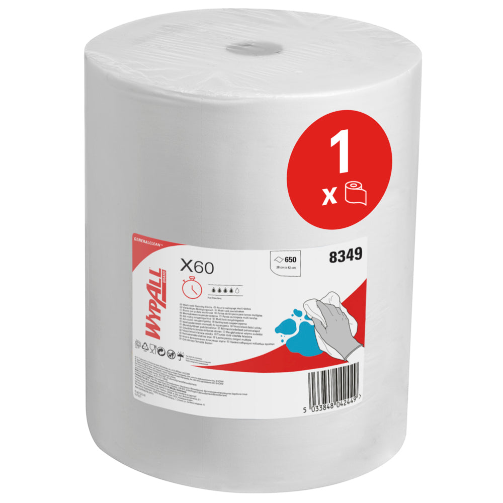 Die weiße WypAll® X60 General Clean Großrolle von Kimberly-Clark GmbH ist mit einem roten Etikett mit der Aufschrift "1 x", der Abbildung eines Händewischers, der Produktnummer 8349 und einem Barcode versehen; sie enthält 1 Rolle (650 Blatt) für eine effiziente Reinigung.