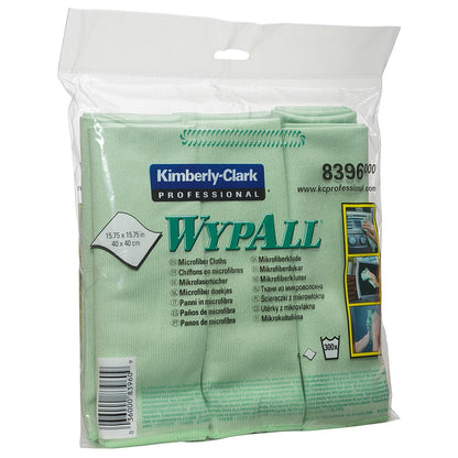 Paketti Kimberly-Clark GmbH WypAll® mikrokuituliinoja - tasainen liina (40 x 40 cm) vaaleanvihreänä, taiteltuna ja pakattuna läpinäkyvään muovipussiin, jossa on tuotetietoja ja puhdistuskuvia etiketissä.