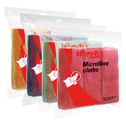 Viisi pakettia WypAll® mikrokuituliinoja - tasainen liina (40 x 40 cm) Kimberly-Clark GmbH:lta on kuvattu läpinäkyvässä pakkauksessa. Jokainen paketti sisältää mikrokuituliinoja keltaisena, sinisenä, vihreänä, vaaleanvihreänä ja vaaleanpunaisena punaisella etiketillä, jossa on tuotetietoja.